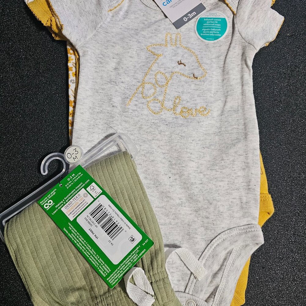 3 Carter's 0-3M onesies and extra pants